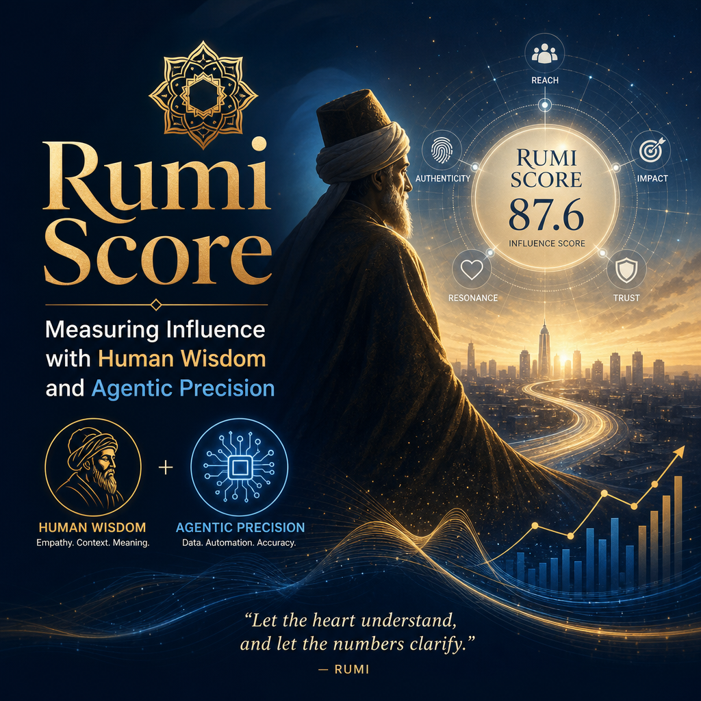 Rumi Score concept graphic showing influence measured with human wisdom and agentic precision