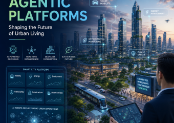Futuristic smart city platform linking AI, IoT, and green tech to manage urban services in real time