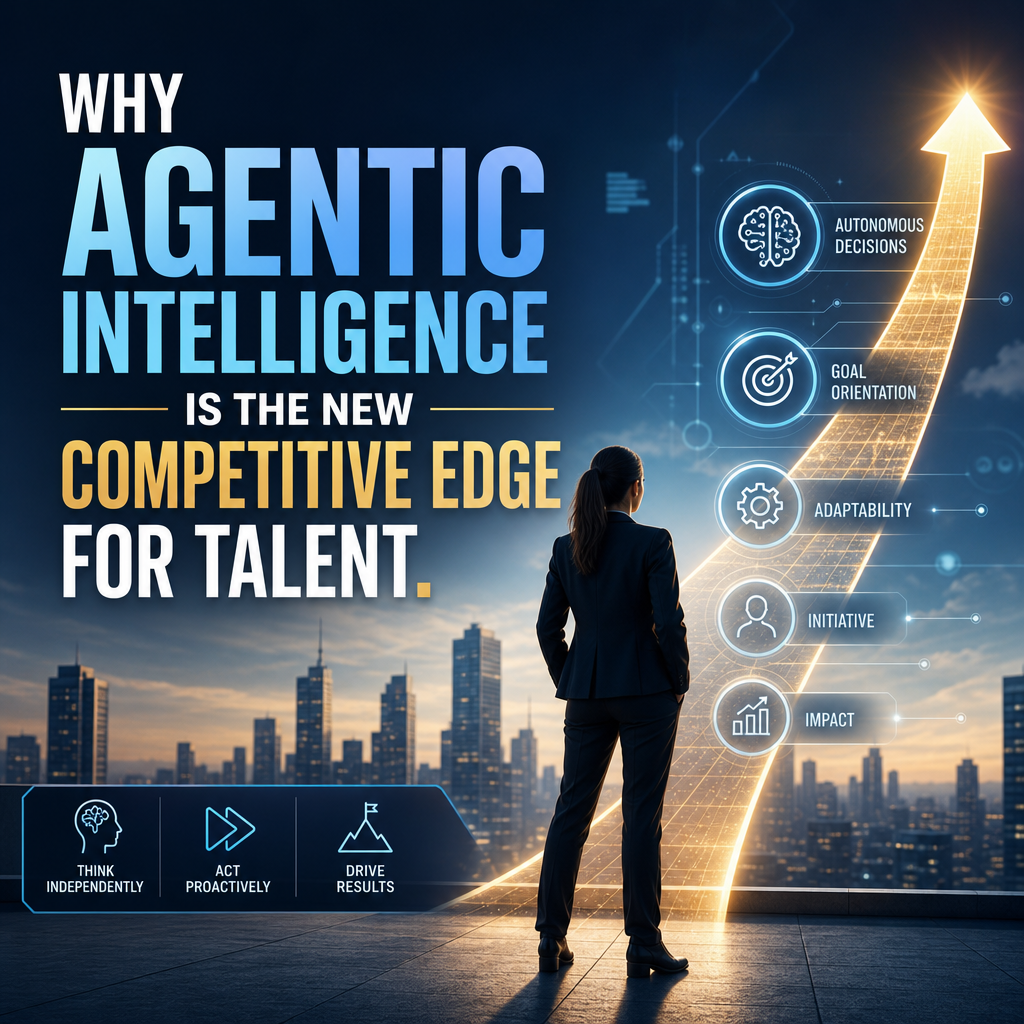 Businesswoman overlooking a city skyline beside an infographic on agentic intelligence as a talent edge.