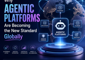 Illustration of agentic platforms driving global AI adoption with connected markets and adaptive automation.