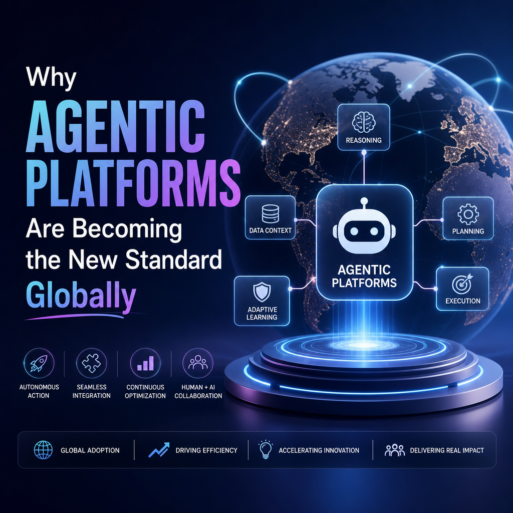 Illustration of agentic platforms driving global AI adoption with connected markets and adaptive automation.