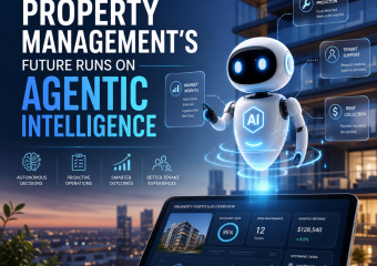 Futuristic property management dashboard showing AI agentic intelligence for tenant and maintenance decisions