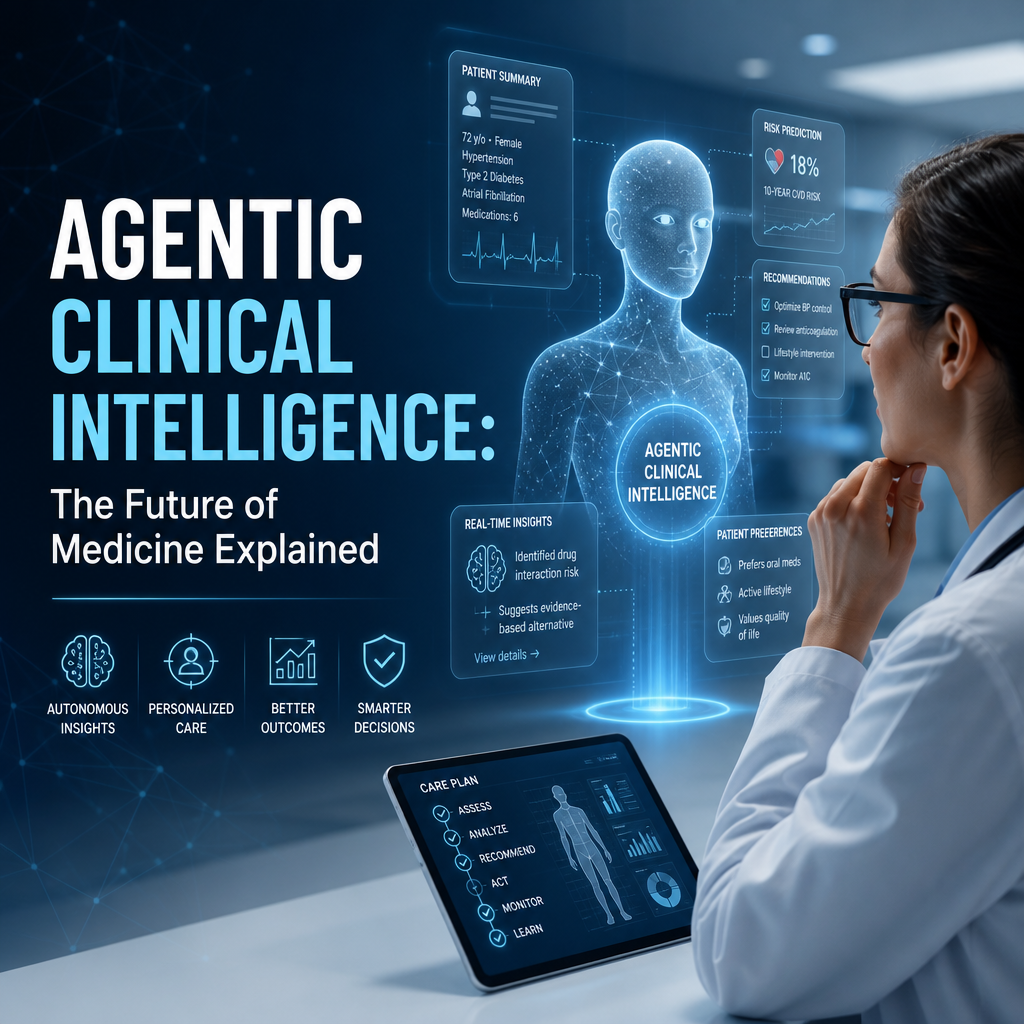 Medical professional reviewing an AI-powered clinical intelligence interface in a futuristic healthcare setting