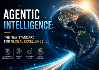 Futuristic globe with glowing data trails and Agentic Intelligence branding symbolizing global innovation