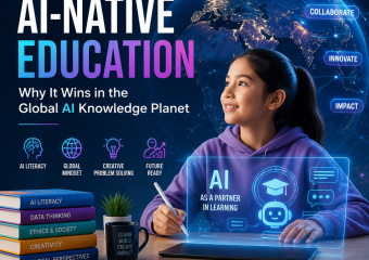 Student learning with global AI tools and digital knowledge networks, illustrating AI-native education