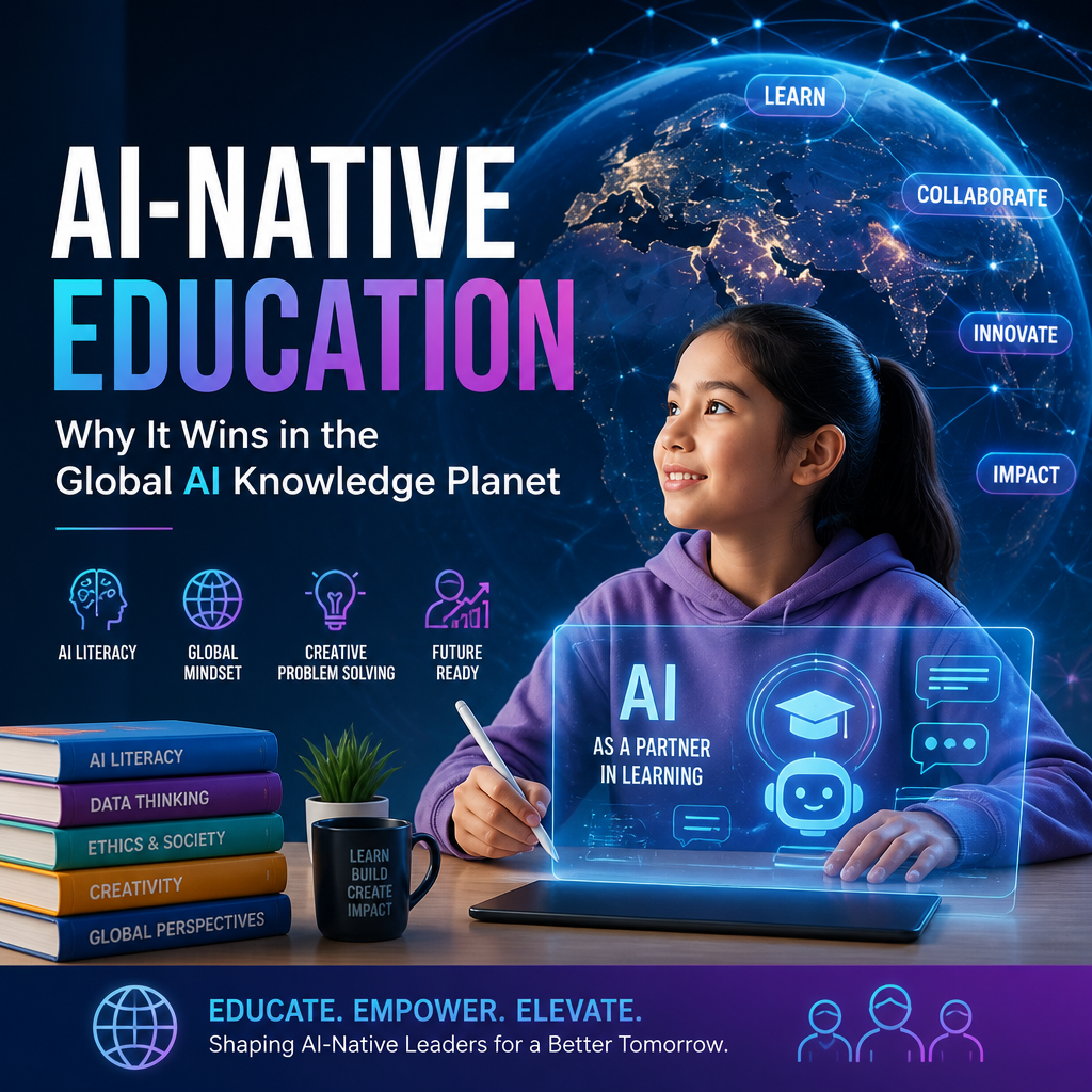 Student learning with global AI tools and digital knowledge networks, illustrating AI-native education