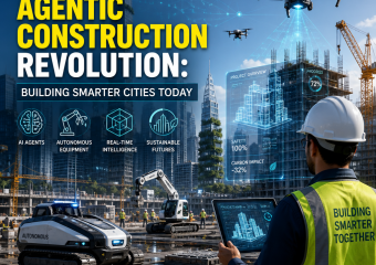 Futuristic construction site with drones, robots, smart building tech, and a worker in a safety vest