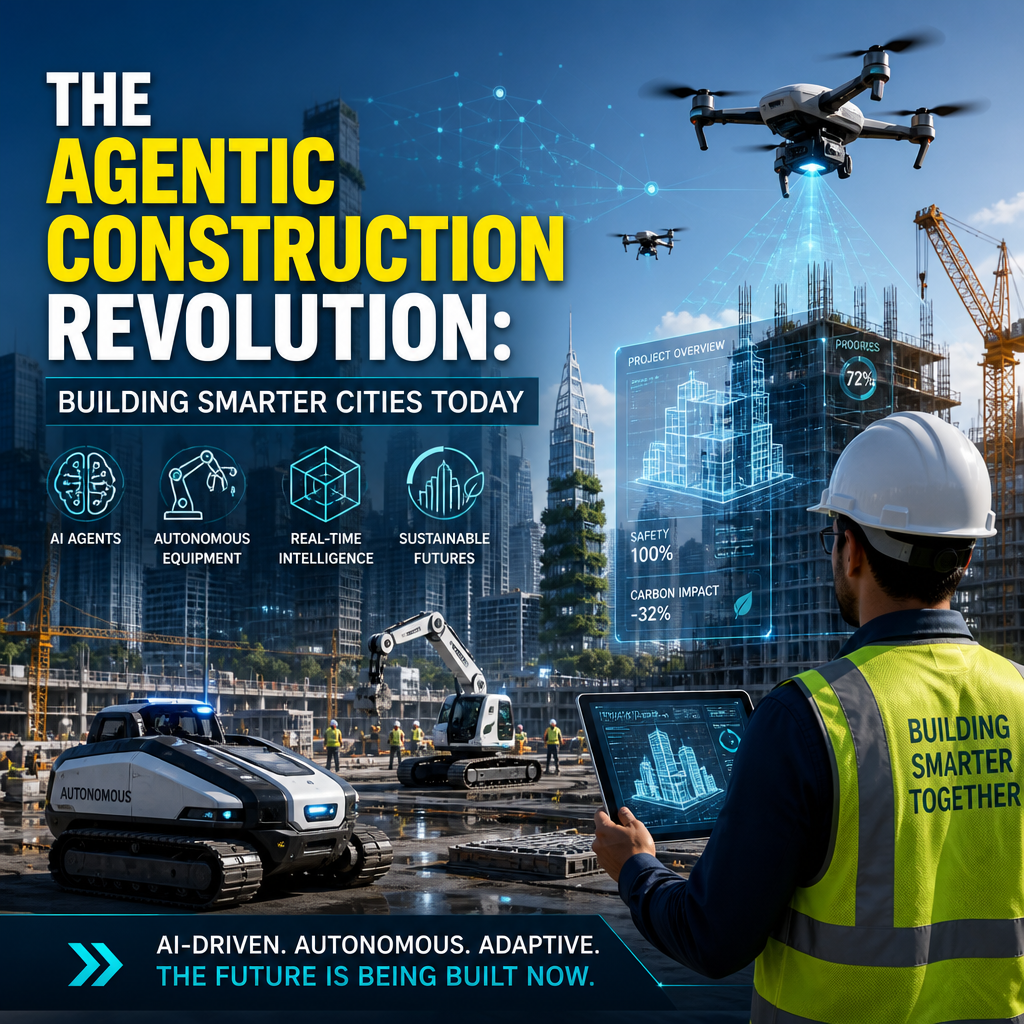 Futuristic construction site with drones, robots, smart building tech, and a worker in a safety vest