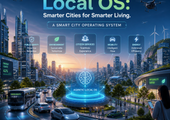 Futuristic smart city with drones, autonomous vehicles, and an Agentic Local OS managing urban systems