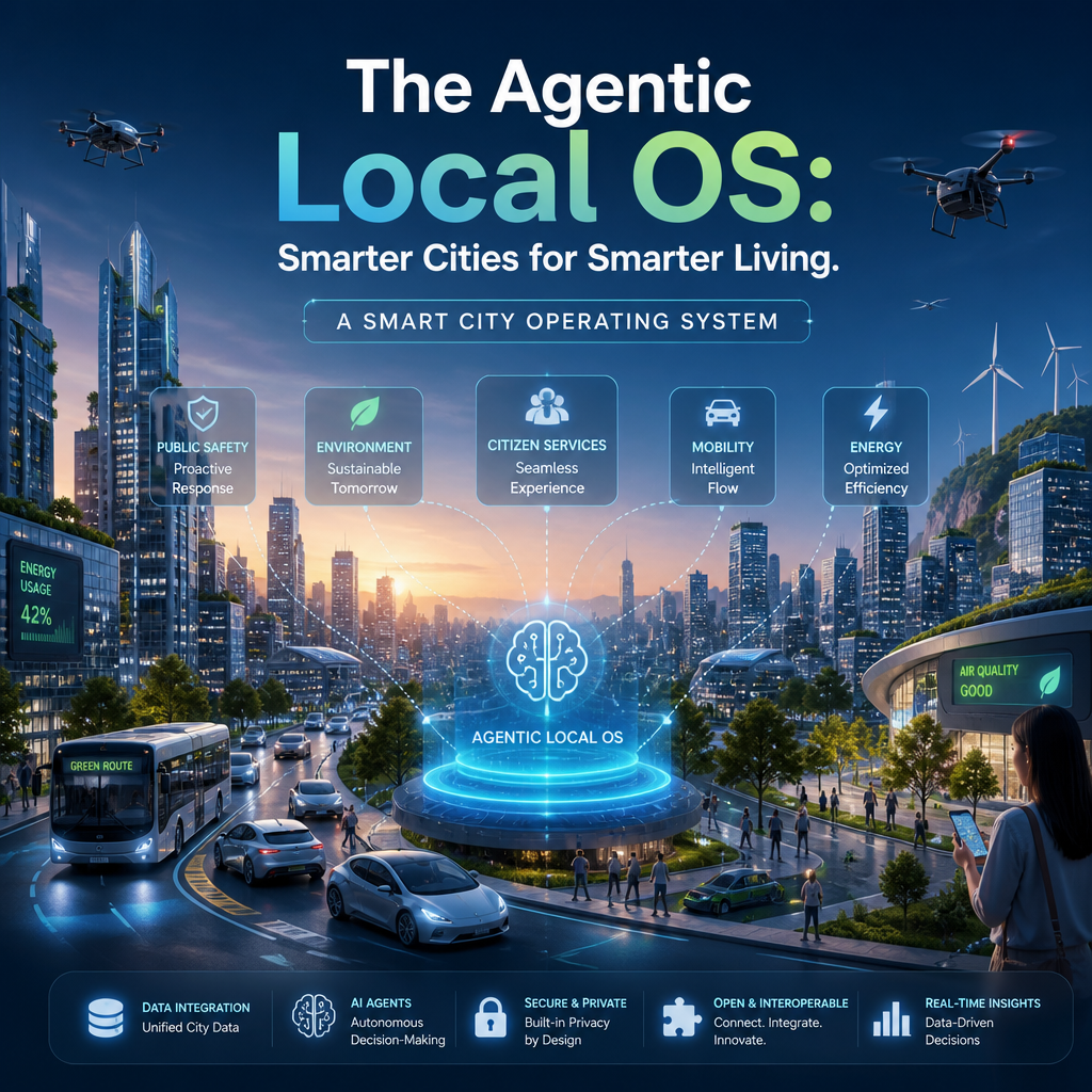 Futuristic smart city with drones, autonomous vehicles, and an Agentic Local OS managing urban systems