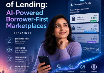 Woman using a smartphone with AI loan options and transparent lending insights in a borrower-first marketplace