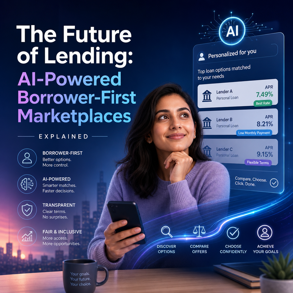 Woman using a smartphone with AI loan options and transparent lending insights in a borrower-first marketplace