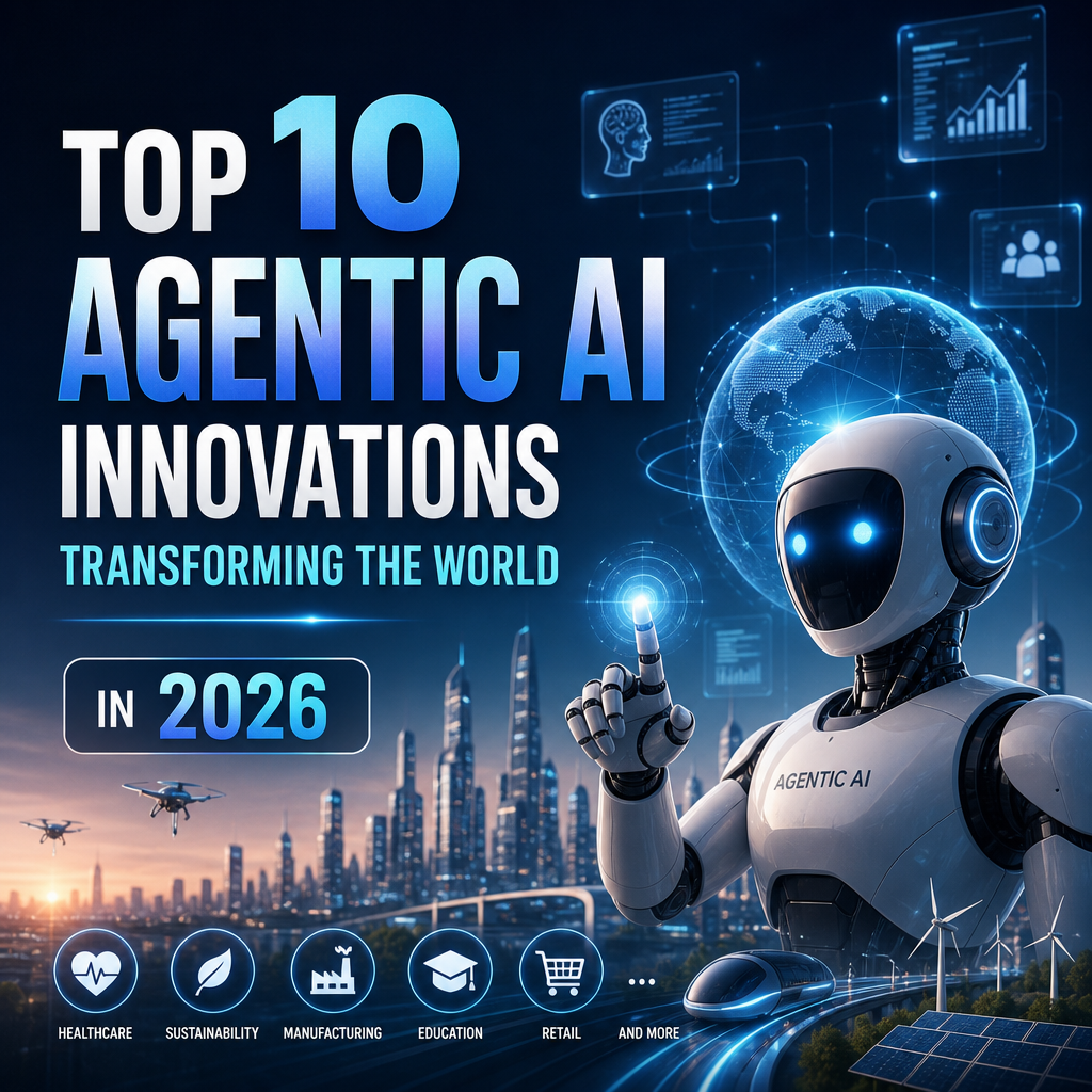 Futuristic AI robot beside a glowing globe with text about top 10 agentic AI innovations in 2026