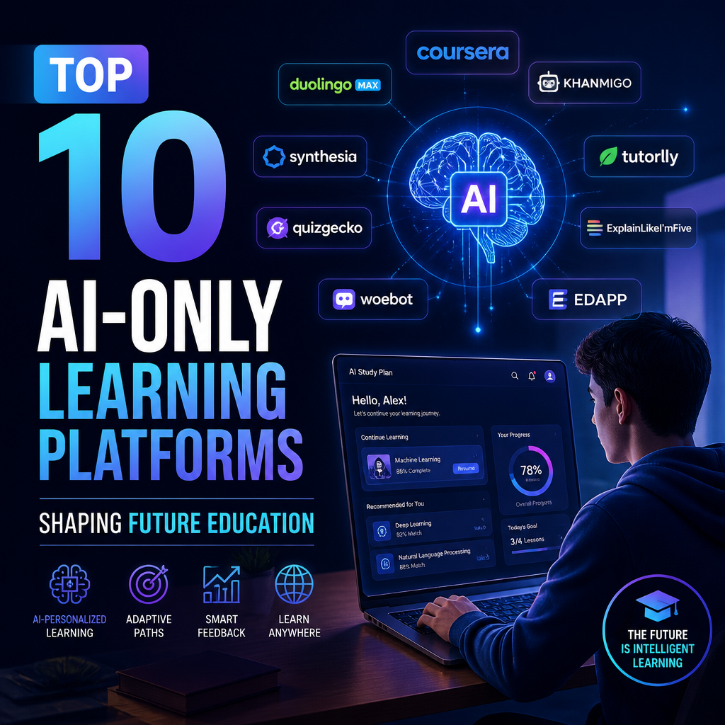 Futuristic digital workspace showing AI learning platforms and online education tools on glowing screens
