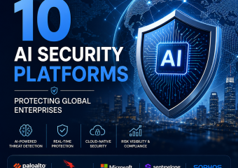 AI security platforms dashboard with global network shield and cyber threat icons