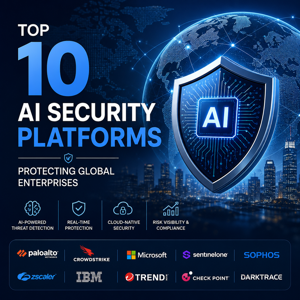 AI security platforms dashboard with global network shield and cyber threat icons