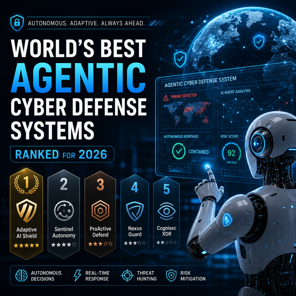 Futuristic AI cyber defense dashboard with robotic analyst and threat monitoring visuals
