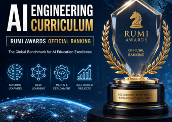 RUMI Awards AI engineering curriculum ranking graphic with globe, laurel emblem, and tech background