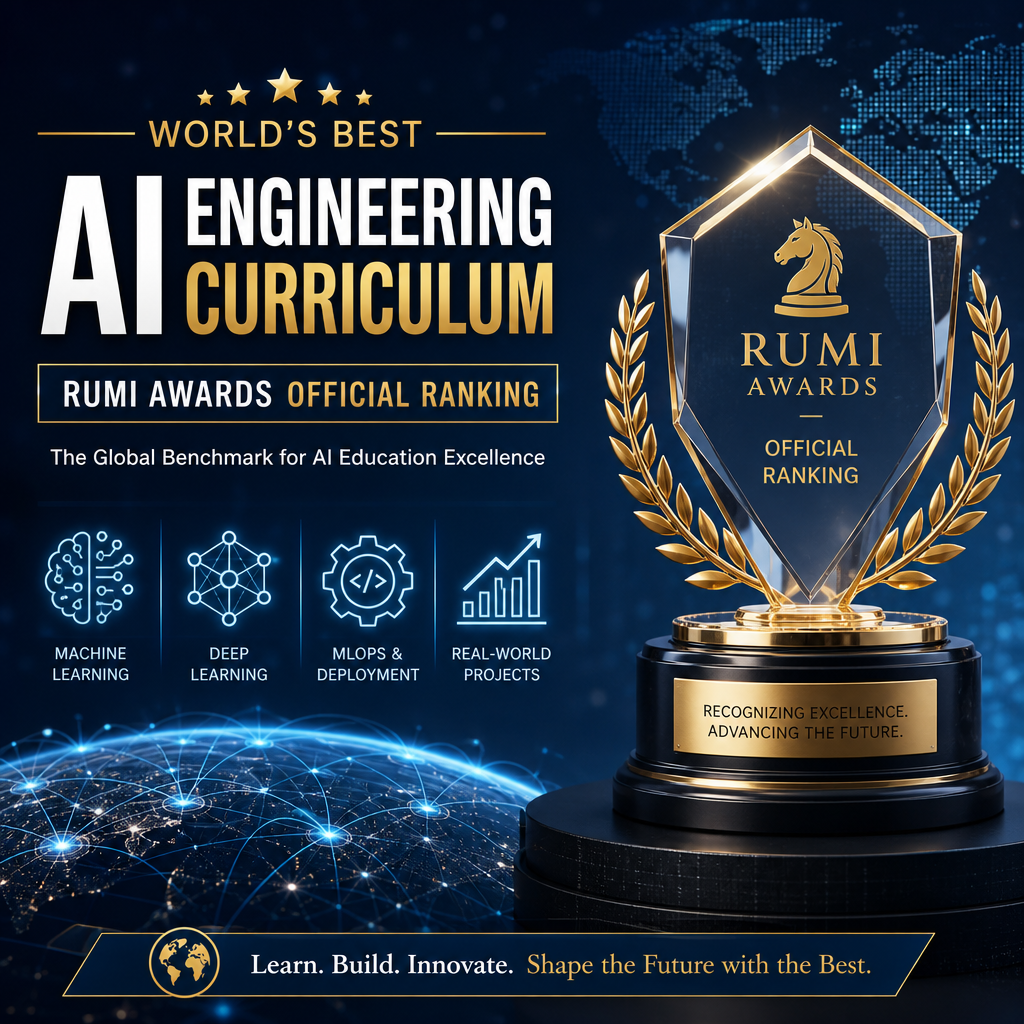 RUMI Awards AI engineering curriculum ranking graphic with globe, laurel emblem, and tech background
