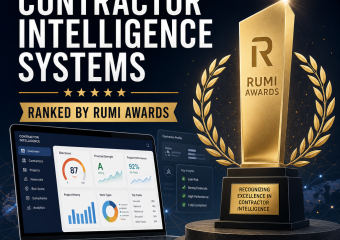Rumi Awards trophy beside contractor analytics dashboards for the world’s best contractor intelligence systems