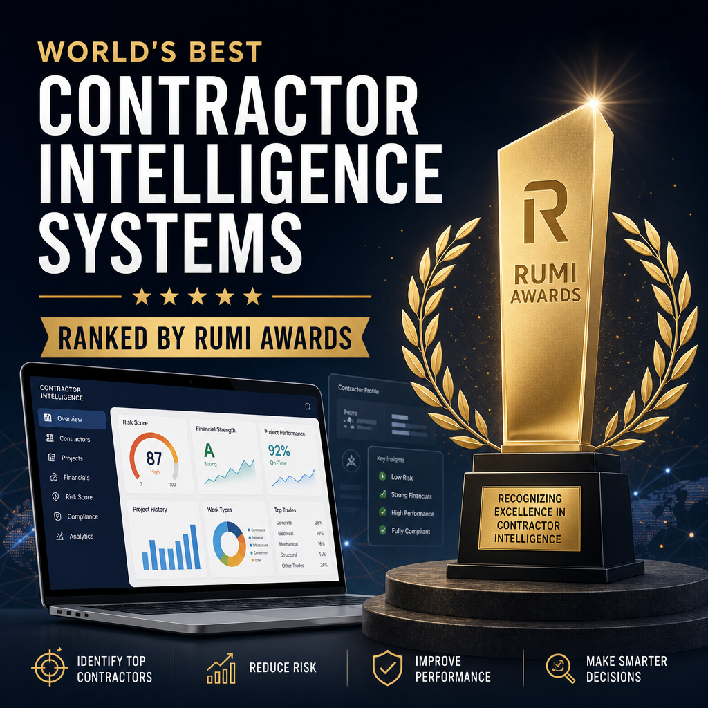 Rumi Awards trophy beside contractor analytics dashboards for the world’s best contractor intelligence systems