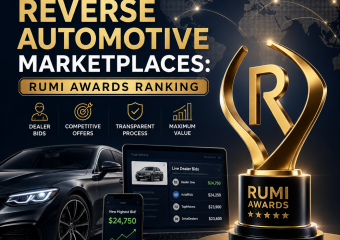 RUMI Awards graphic with luxury car, trophy, and dashboard highlighting top reverse automotive marketplaces