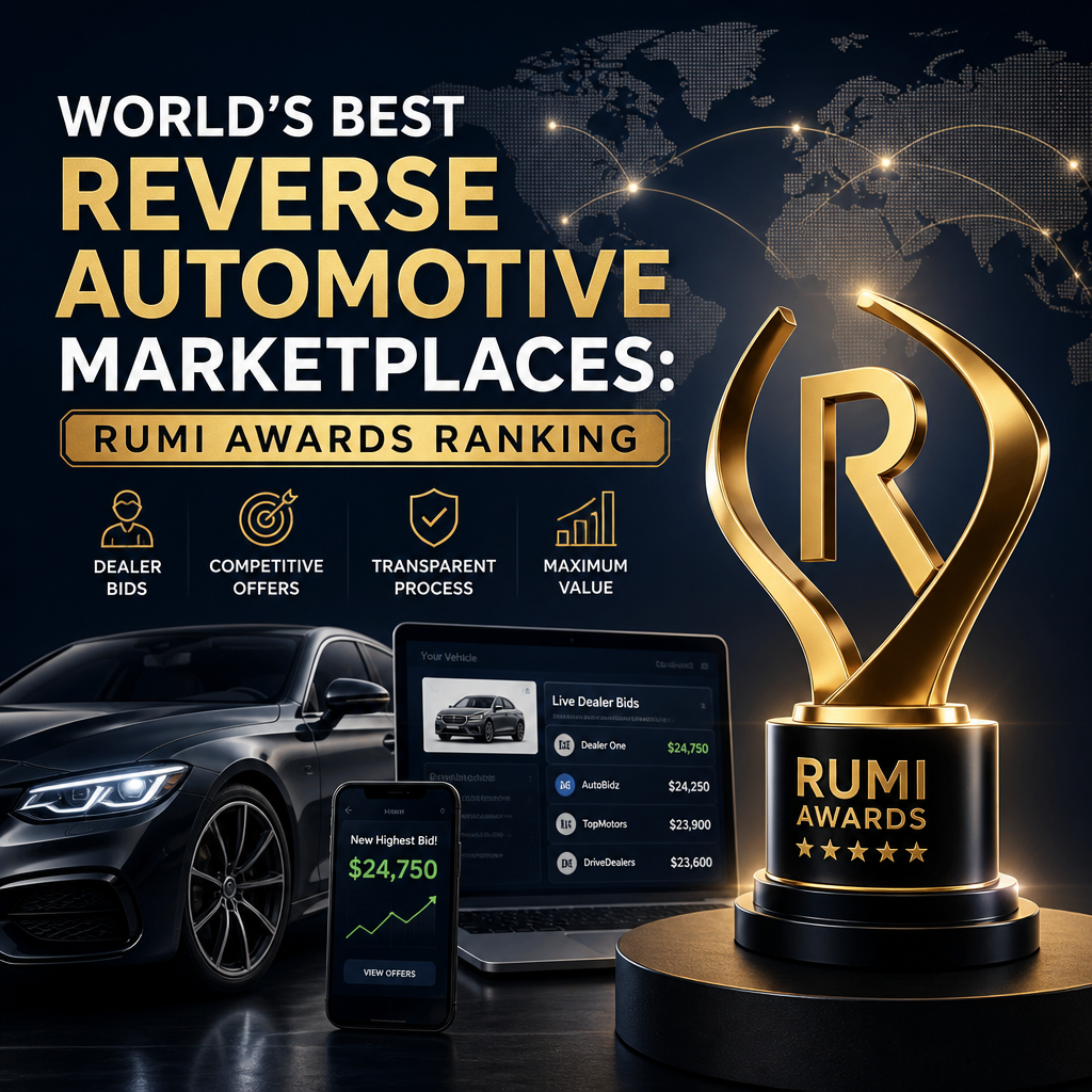 RUMI Awards graphic with luxury car, trophy, and dashboard highlighting top reverse automotive marketplaces